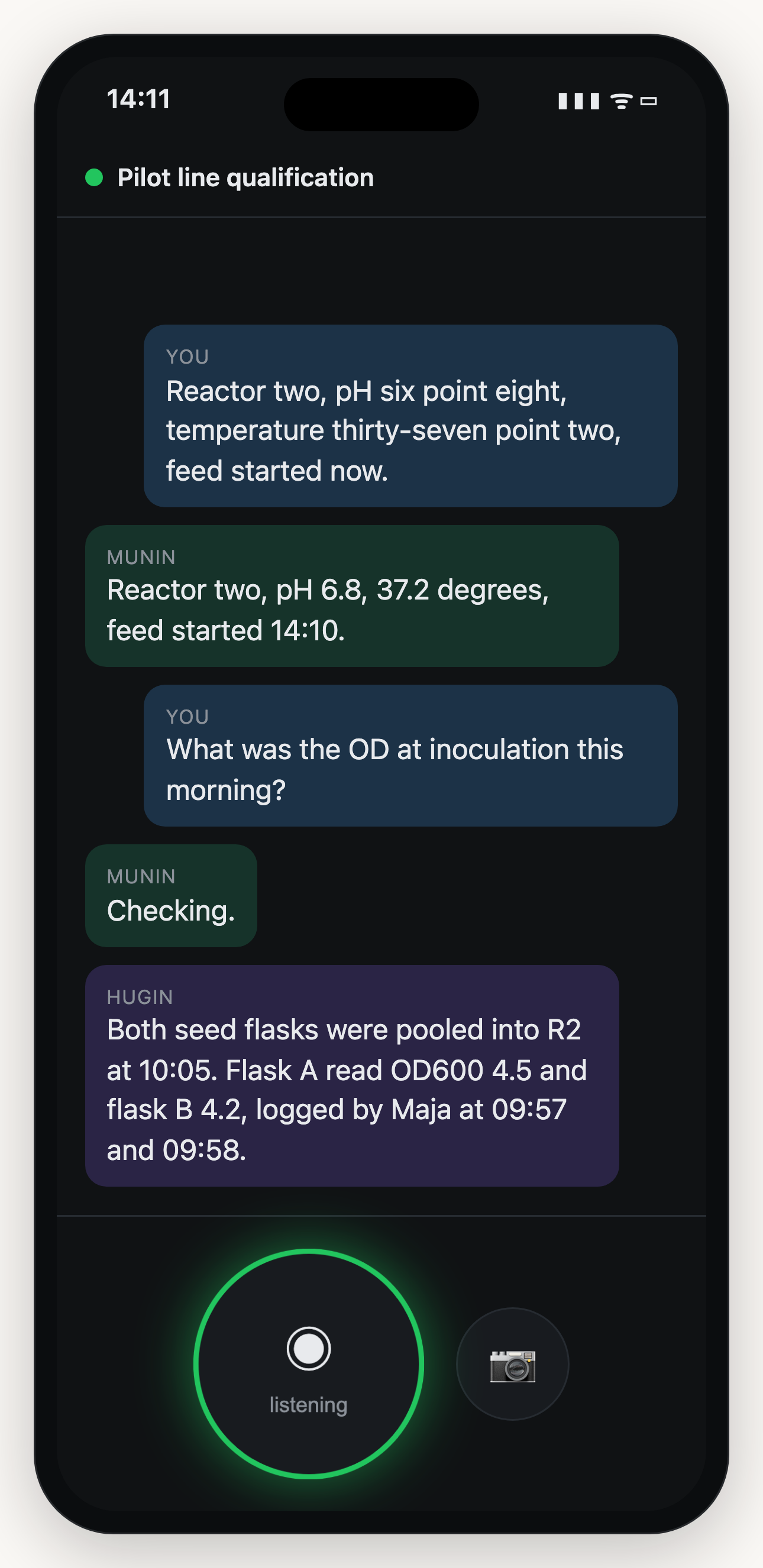 The BeakPal capture app on a phone: a spoken line, its readback, a question, and Hugin's answer, with the microphone listening